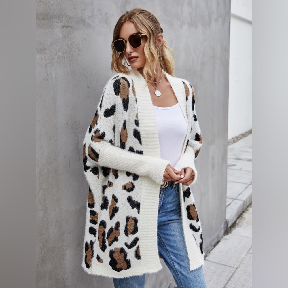 Leopard Print Open Front Cardigan, White/Brown - Picture 2 of 11
